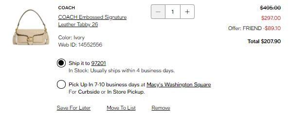 折上折丨Macy's梅西现有精选Coach蔻驰包袋低至5折+额外7折促销丨新品也参加7折